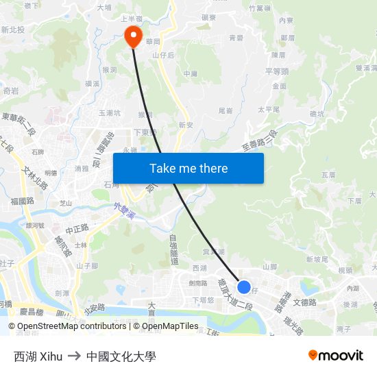西湖 Xihu to 中國文化大學 map
