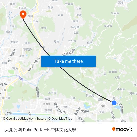大湖公園 Dahu Park to 中國文化大學 map