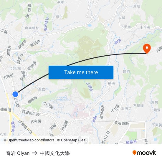 奇岩 Qiyan to 中國文化大學 map
