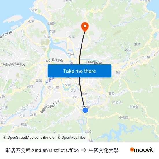 新店區公所 Xindian District Office to 中國文化大學 map