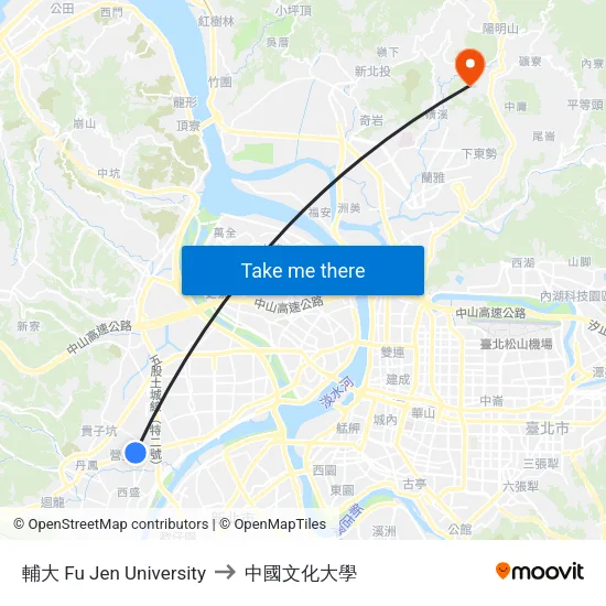 輔大 Fu Jen University to 中國文化大學 map