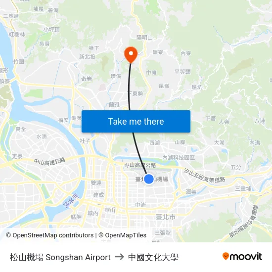 松山機場 Songshan Airport to 中國文化大學 map
