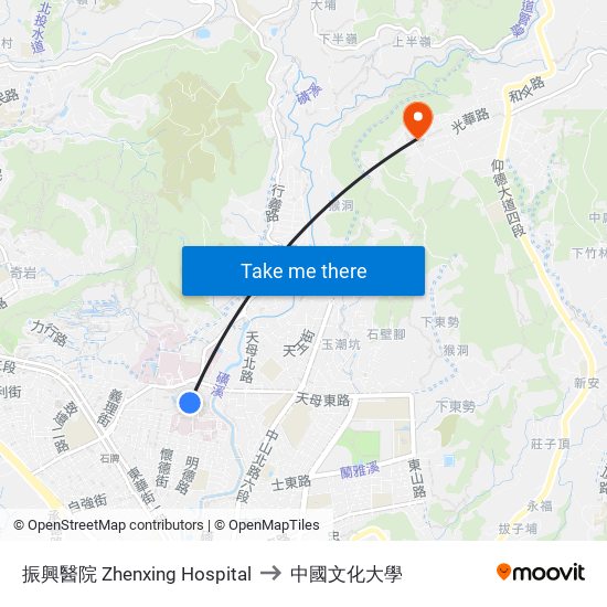 振興醫院 Zhenxing Hospital to 中國文化大學 map