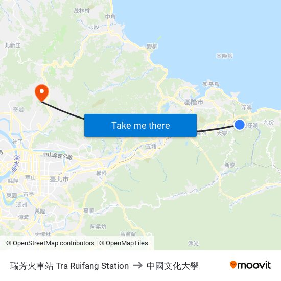 瑞芳火車站 Tra Ruifang Station to 中國文化大學 map