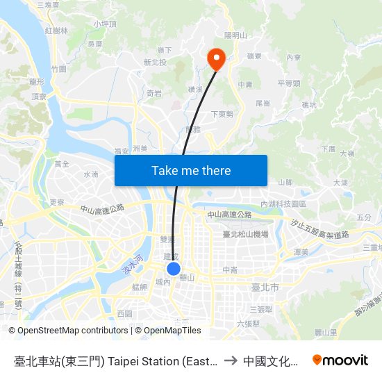 臺北車站(東三門) Taipei Station (East Gate) to 中國文化大學 map