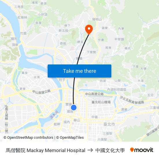 馬偕醫院 Mackay Memorial Hospital to 中國文化大學 map