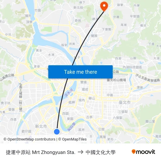 捷運中原站 Mrt Zhongyuan Sta. to 中國文化大學 map