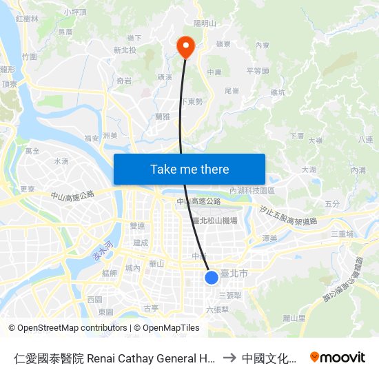 仁愛國泰醫院 Renai Cathay General Hospital to 中國文化大學 map