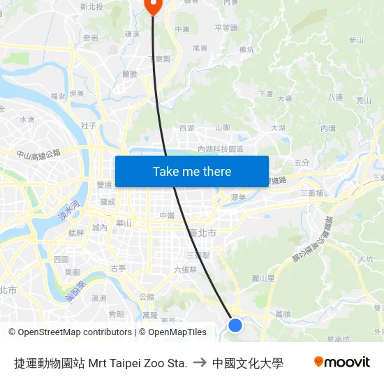 捷運動物園站 Mrt Taipei Zoo Sta. to 中國文化大學 map