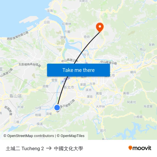 土城二 Tucheng 2 to 中國文化大學 map