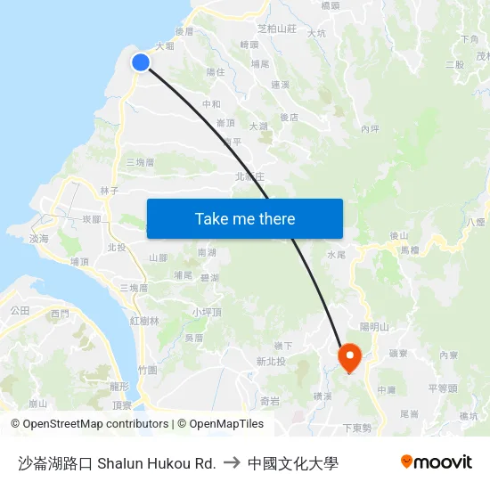 沙崙湖路口 Shalun Hukou Rd. to 中國文化大學 map