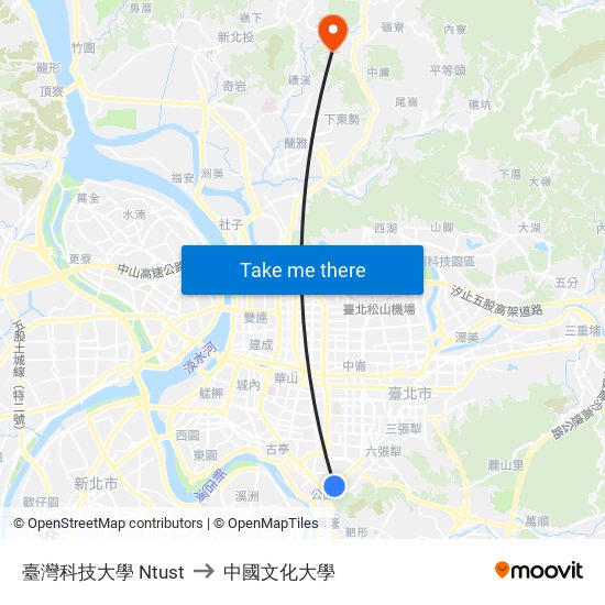 臺灣科技大學 Ntust to 中國文化大學 map