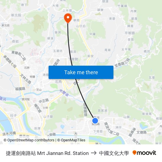 捷運劍南路站 Mrt Jiannan Rd. Station to 中國文化大學 map