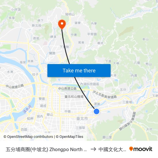 五分埔商圈(中坡北) Zhongpo North Rd. to 中國文化大學 map