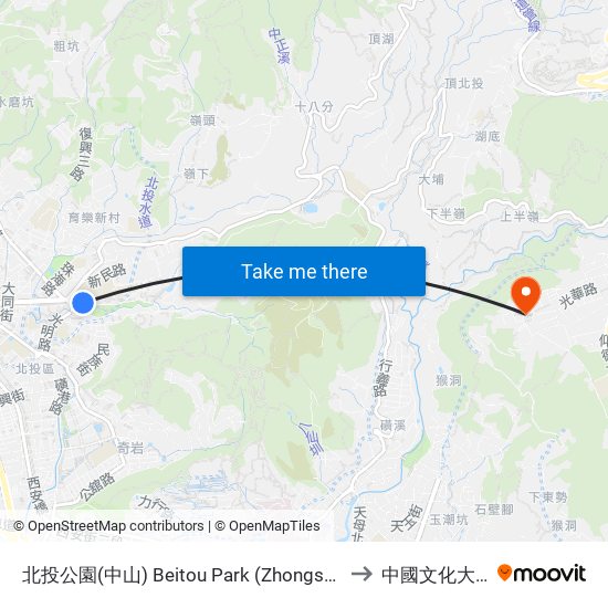 北投公園(中山) Beitou Park (Zhongshan) to 中國文化大學 map