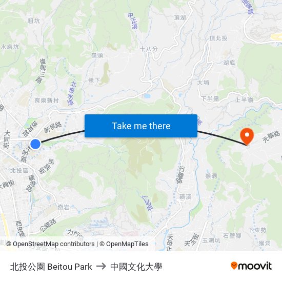 北投公園 Beitou Park to 中國文化大學 map