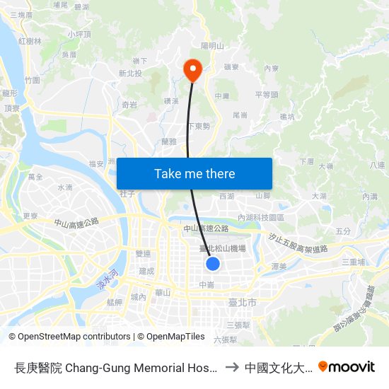 長庚醫院 Chang-Gung Memorial Hospital to 中國文化大學 map