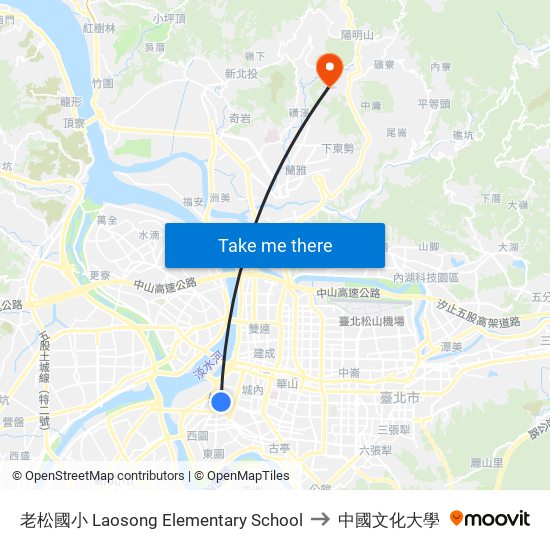 老松國小 Laosong Elementary School to 中國文化大學 map