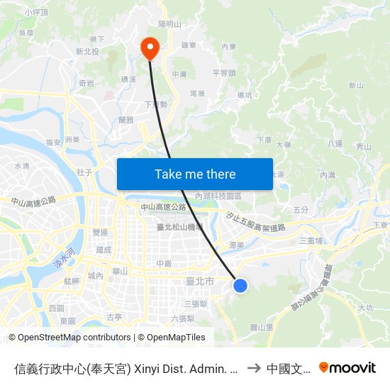 信義行政中心(奉天宮) Xinyi Dist. Admin. Center (Fengtian Temple) to 中國文化大學 map