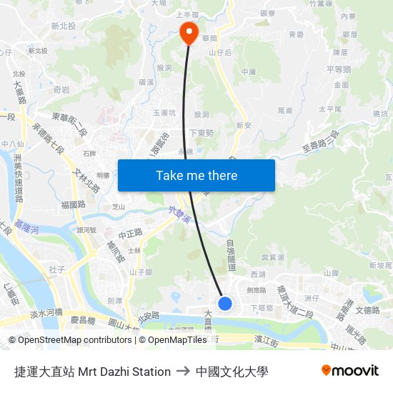 捷運大直站 Mrt Dazhi Station to 中國文化大學 map