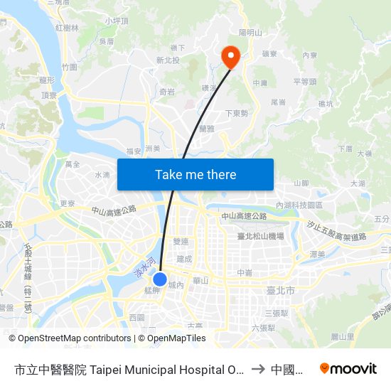 市立中醫醫院 Taipei Municipal Hospital Of Tradodional Chinese Medicine to 中國文化大學 map