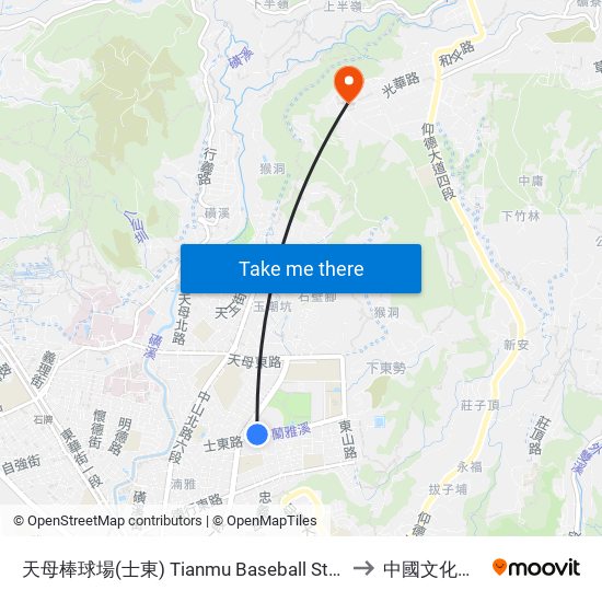 天母棒球場(士東) Tianmu Baseball Stadium to 中國文化大學 map