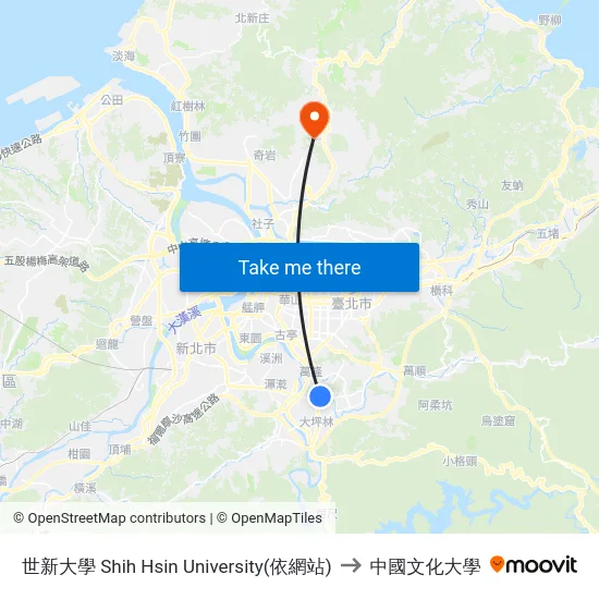 世新大學 Shih Hsin University to 中國文化大學 map