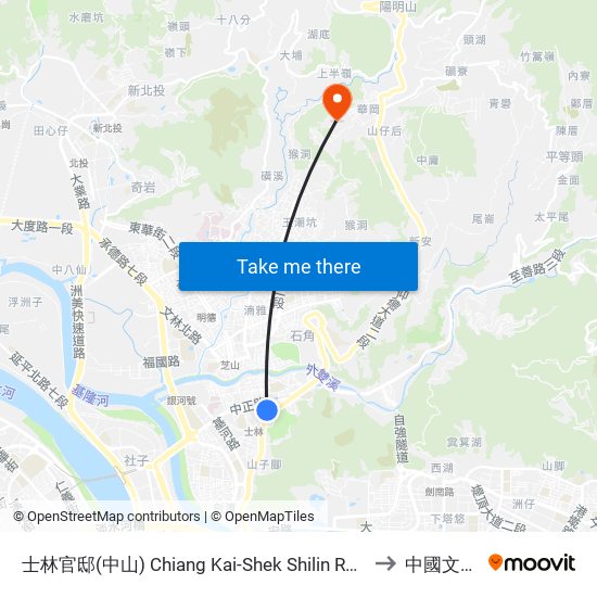 士林官邸(中山) Chiang Kai-Shek Shilin Residence (Zhongshan) to 中國文化大學 map