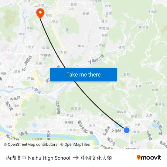 內湖高中 Neihu High School to 中國文化大學 map