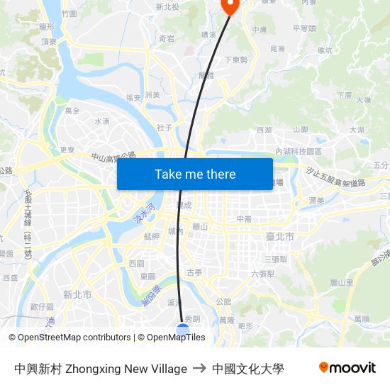 中興新村 Zhongxing New Village to 中國文化大學 map