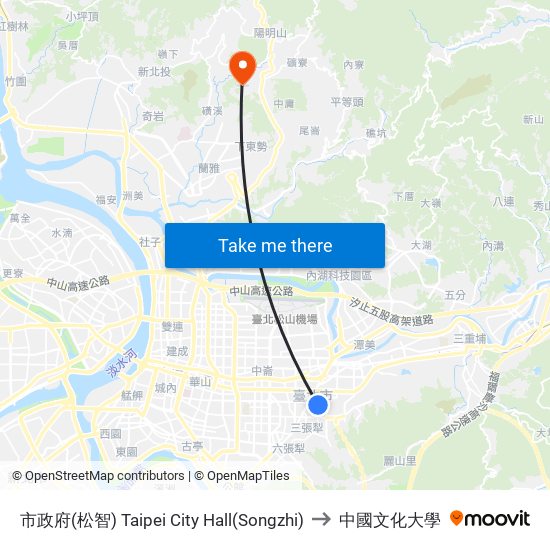 市政府(松智) Taipei City Hall(Songzhi) to 中國文化大學 map