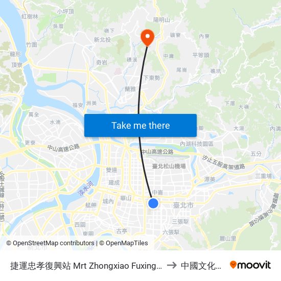 捷運忠孝復興站 Mrt Zhongxiao Fuxing Station to 中國文化大學 map