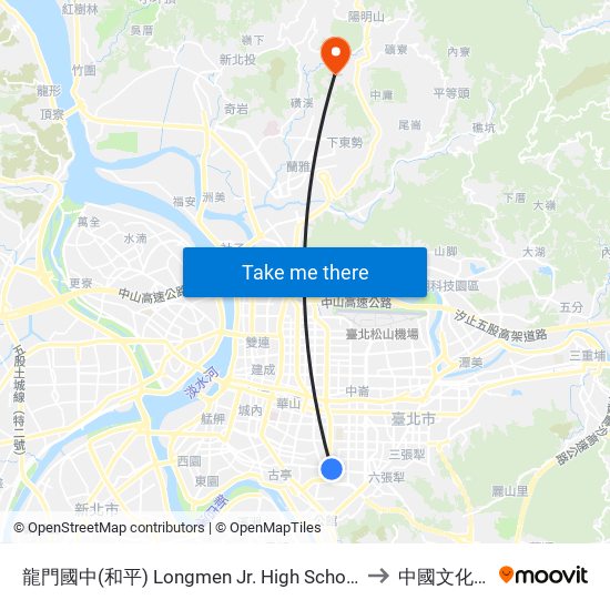 龍門國中(和平) Longmen Jr. High School(Heping) to 中國文化大學 map