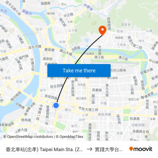 臺北車站(忠孝) Taipei Main Sta. (Zhongxiao) to 實踐大學台北校區 map