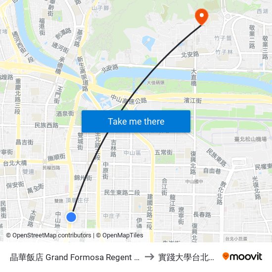 晶華飯店 Grand Formosa Regent Taipei to 實踐大學台北校區 map
