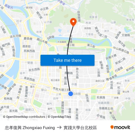 忠孝復興 Zhongxiao Fuxing to 實踐大學台北校區 map