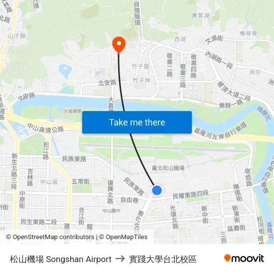松山機場 Songshan Airport to 實踐大學台北校區 map
