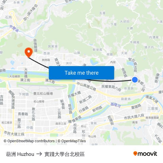 葫洲 Huzhou to 實踐大學台北校區 map