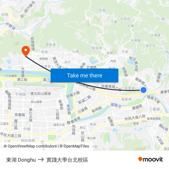 東湖 Donghu to 實踐大學台北校區 map
