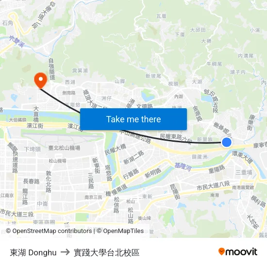 東湖 Donghu to 實踐大學台北校區 map