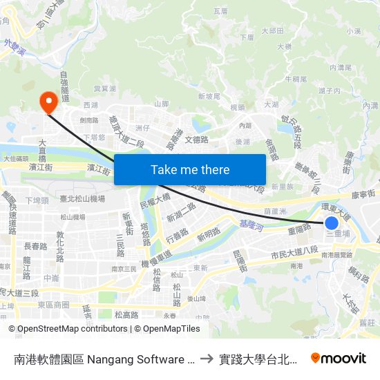 南港軟體園區 Nangang Software Park to 實踐大學台北校區 map