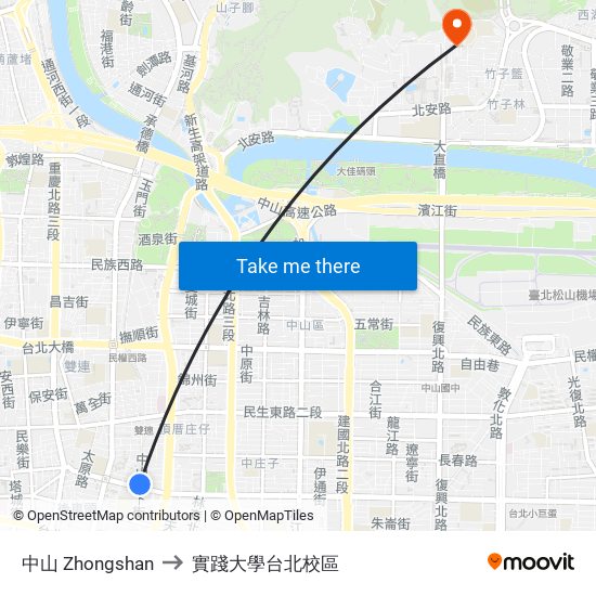 中山 Zhongshan to 實踐大學台北校區 map