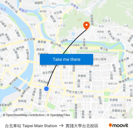 台北車站 Taipei Main Station to 實踐大學台北校區 map