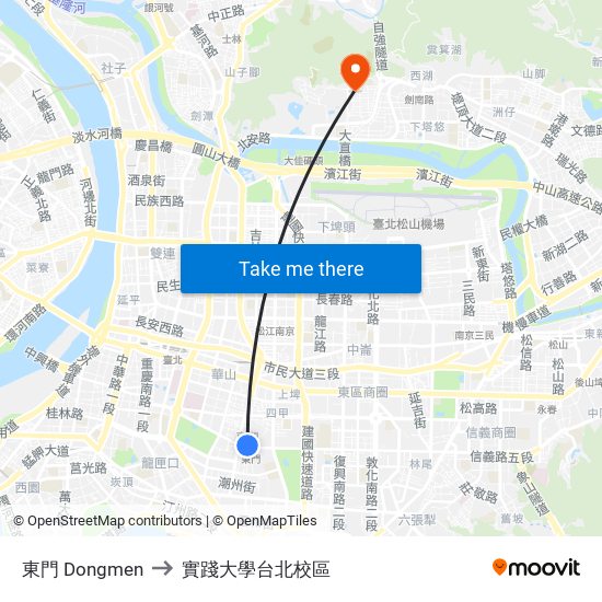 東門 Dongmen to 實踐大學台北校區 map
