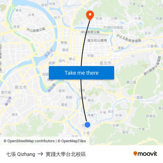 七張 Qizhang to 實踐大學台北校區 map