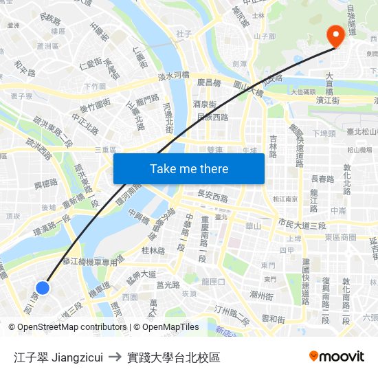 江子翠 Jiangzicui to 實踐大學台北校區 map