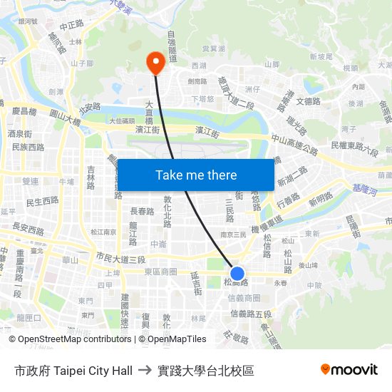 市政府 Taipei City Hall to 實踐大學台北校區 map