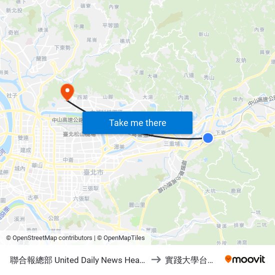 聯合報總部 United Daily News Headquarters to 實踐大學台北校區 map