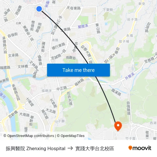 振興醫院 Zhenxing Hospital to 實踐大學台北校區 map