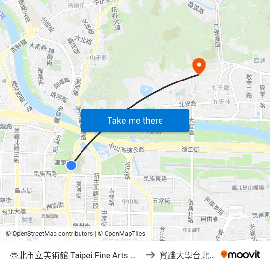 臺北市立美術館 Taipei Fine Arts Museum to 實踐大學台北校區 map